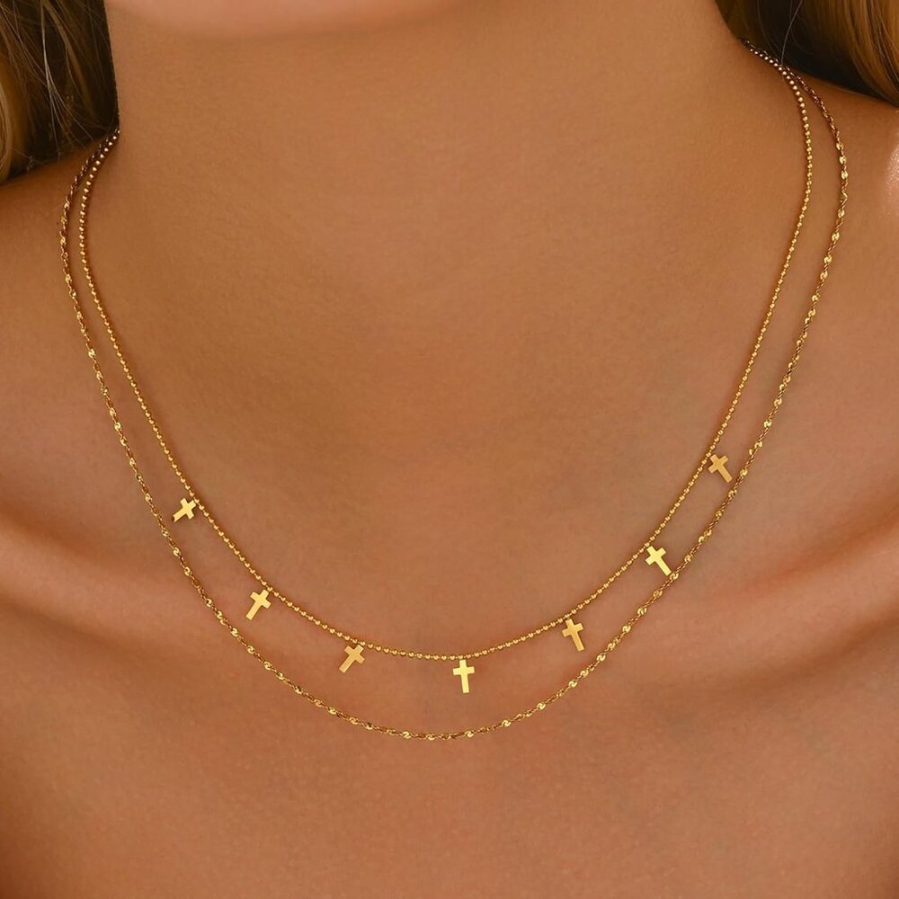18K Gold Plated Star Cross Heart Charm Choker Necklace for Women Dainty Layered - Picture 2 of 8